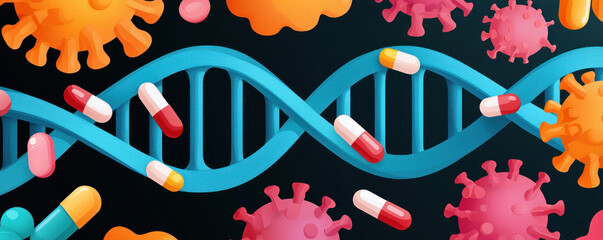Pharmaceutical research DNA sequencing and virus cures concept. vibrant illustration of DNA strands intertwined with colorful viruses and capsules