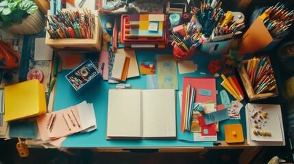 Work place of a creative person with a variety of colorful stationery objects 