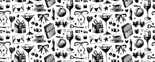 Childish sketchy cute seamless pattern with girlish style elements. Crayon drawn vector graphic seamless pattern