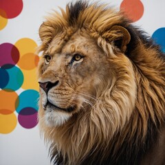 Naklejka premium A majestic lion with a golden mane on a white background, surrounded by colorful geometric shapes.