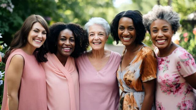 Women day. Happy women of all ages and race together, smiling and hugging each other. Diversity