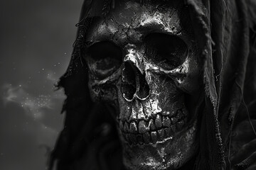 Naklejka premium Scary grim reaper with sharp scythe in hell with dark dramatic color, abstract vivid composition consists of fictional unreal fantastic vision on background