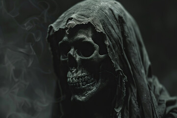 Scary grim reaper with sharp scythe in hell with dark dramatic color, abstract vivid composition consists of fictional unreal fantastic vision on background