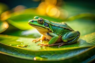 Naklejka premium Candid Close-up of a Green Frog Perched on a Lily Pad in Natural Sunlight