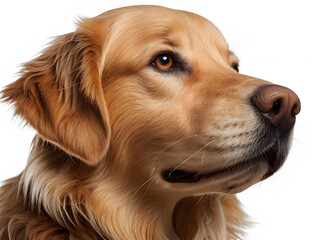 Adorable golden retriever's transparent portrait against a crisp white background
