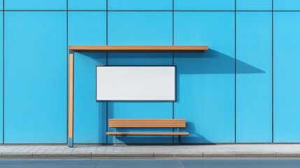 A minimalist bus stop with a wooden bench and empty advertising space, set against a vibrant blue wall, reflecting modern architecture and urban style.