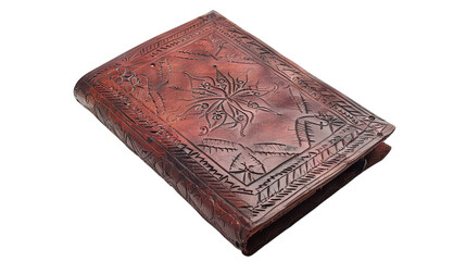 Handcrafted leather journal with intricate carvings resting on a surface, showcasing unique designs and craftsmanship on transparent background