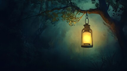 A lantern hanging from a tree in the dark
