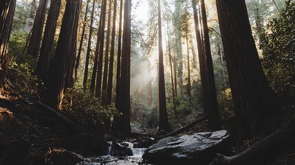 Fototapeta premium A forest with a stream running through it