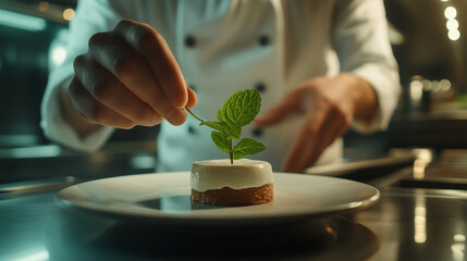 Chef in a professional kitchen adding a sprig of mint to a dessert plate, embodying creativity and expertise in fine dining.