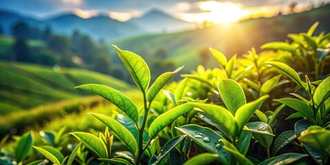 Fototapeta premium Valparai Tea Plantation Macro Photography: Dew Drops, Lush Green Leaves, Tamil Nadu, India