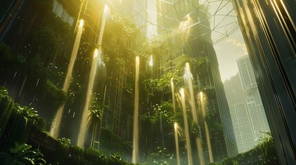 Obraz premium Futuristic Cityscape Interior With Lush Greenery And Waterfalls