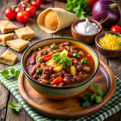 A Bowl of Hearty Chili with Vegetables and Beans.
