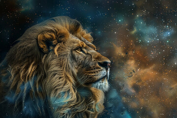 Naklejka premium Astrological abstract composition with concept of Leo zodiac sign symbol, abstract vivid composition consists of fictional unreal fantastic vision on background