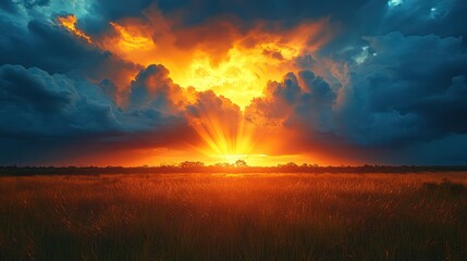 Fototapeta premium Fiery Sunset over Golden Fields: A Dramatic Landscape