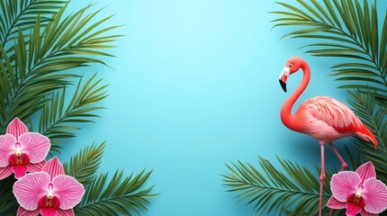 Obraz premium Exotic tropical summer background. Summer beach party concept. Pink flamingo, tropical leaves, orchid flower, suitcase, sunglasses,palm branches on blue background