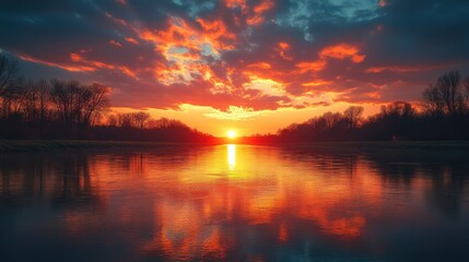 Fototapeta premium Fiery Sunset Over Serene River