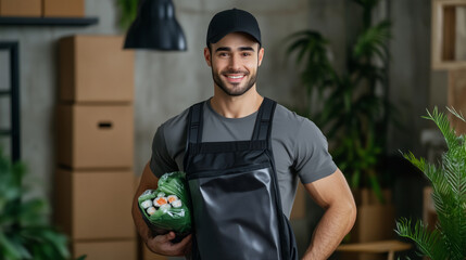 Smiling delivery driver holding a thermal bag containing fresh sushi orders, ready for quick and reliable delivery.