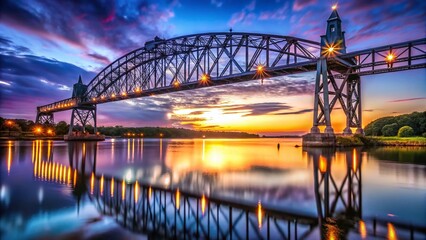 Cape Cod Canal Railroad Bridge at Night - Low Light Photography Stock Photo