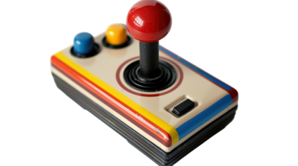 Vintage arcade joystick featuring colorful buttons and a prominent red joystick, ideal for classic gaming enthusiasts on transparent background
