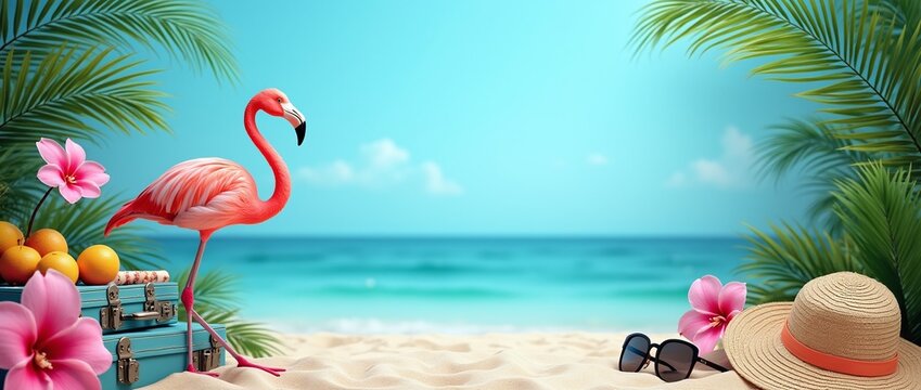 Exotic tropical summer background. Summer beach party concept. Pink flamingo, tropical leaves, orchid flower, suitcase, sunglasses,palm branches on blue background