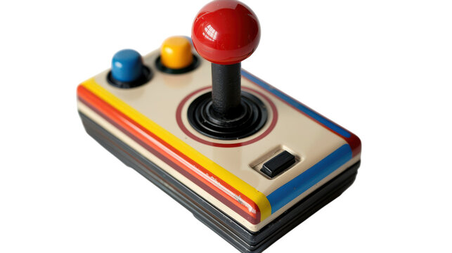 Vintage arcade joystick featuring colorful buttons and a prominent red joystick, ideal for classic gaming enthusiasts on transparent background