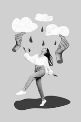 Vertical collage picture of mini black white colors girl dancing puddle big arms fingers hold rainy clouds isolated on pink background