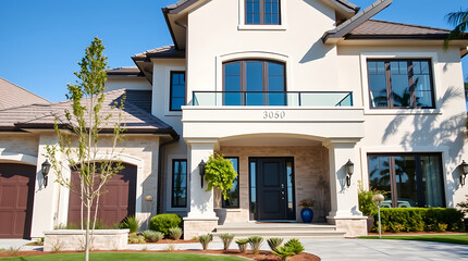 Fototapeta premium Two-story beige house with brown roof, large windows, and a double garage. Landscaped front yard with shrubs and small trees. Entryway features dark brown door and stone accents.