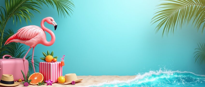 Exotic tropical summer background. Summer beach party concept. Pink flamingo, tropical leaves, orchid flower, suitcase, sunglasses,palm branches on blue background