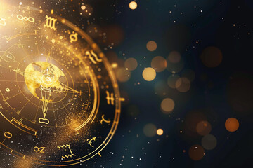 Astrological abstract composition with zodiac circle in signs and symbols, abstract vivid composition consists of fictional unreal fantastic vision on background