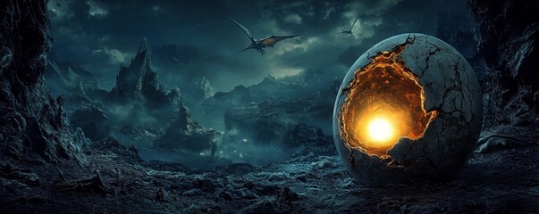 Obraz premium Glowing Dinosaur Egg in Mysterious Landscape