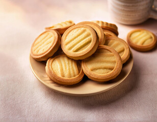 Golden, round shortbread cookies with ridged patterns on top are arranged on a beige ceramic plate.