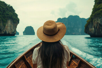 Rear view, girl with hat traveler and adventurer on vacation. Beach and tropical paradise.