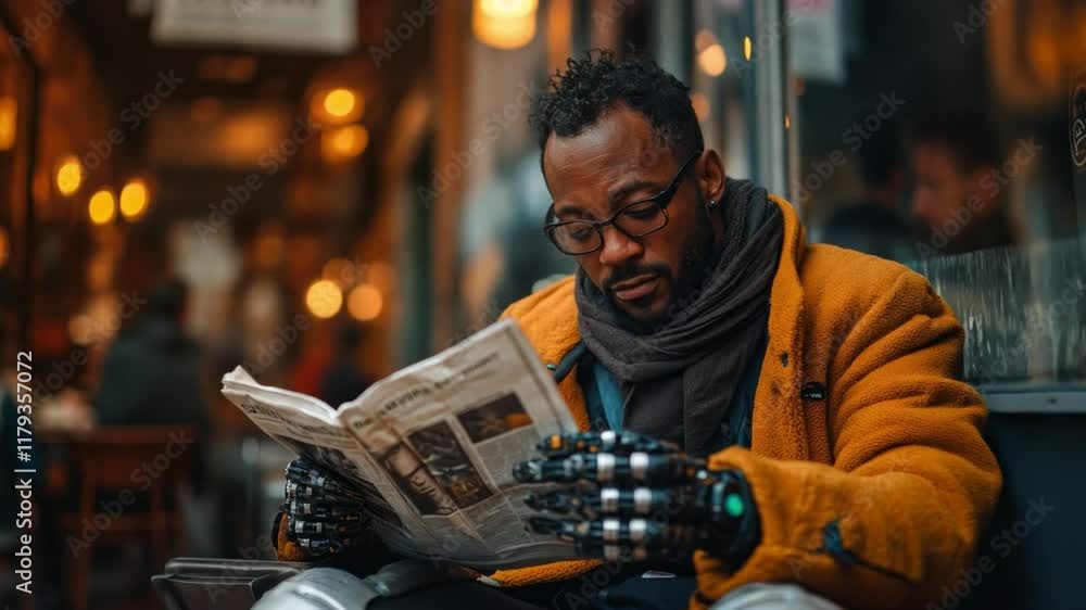 Poster a man with advanced prosthetic hands enjoys reading a newspaper while seated in a warm cafe, surroun