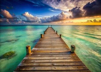 Obraz premium Celestun Beach: Small Wooden Dock at Low Tide, Yucatan Peninsula, Mexico