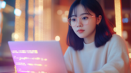 Asian software engineer typing on a laptop, with abstract binary codes and tech graphics subtly overlaid, representing innovation.