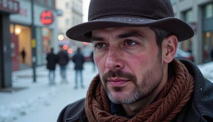 Pensive man with watering eyes in winter urban setting, flu recovery