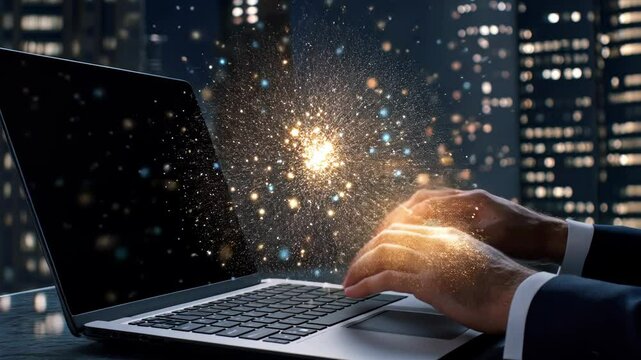 Hands type on a laptop, creating glowing sparkles against a backdrop of city lights at night, showcasing creative digital innovation