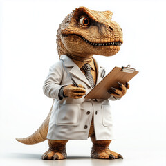 T-rex using lab coat, holding a clipboard, isolated, 3D, realistic