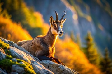 Chamois Resting on Rocky Outcrop, Alpine Woodland Background - Wildlife Stock Photo