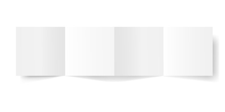 Vector white blank square four panel accordion fold opened on white background. Concertina fold, leaflet, brochure, booklet, flyer or invitation card mockup. Vector design element. EPS10.