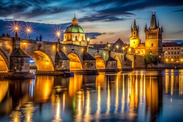 Obraz premium Charles Bridge Prague Night, Illuminated Architecture, Scenic River View