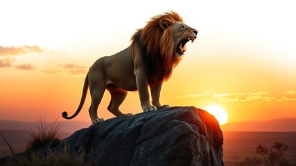 Obraz premium Majestic Lion Roaring Sunset Rock Formation