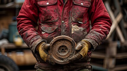 A Mechanic Holding a Dirty Wheel in a Busy Garage Scene
