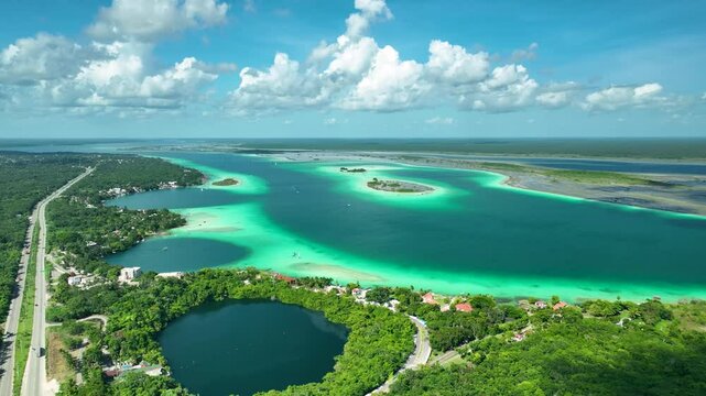 Panoramic view of Bacalar lagoon of seven colors, Quintana Roo, Aerial view