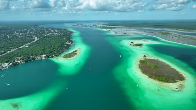 Bacalar lagoon of seven colors, Quintana Roo, Panoramic drone shot