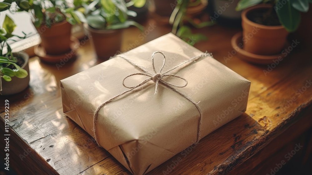 Poster an isolated white-background image of a minimalist closed cardboard box tied with string, illustrati