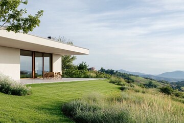 Modern house with large windows overlooking a serene green landscape during daytime
