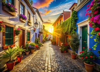 Fototapeta premium Charming Island Town Street Scene: Sunlit Cobblestone Lane with Colorful Buildings
