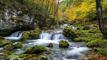 Serene Autumn Waterfall in a Lush Forest